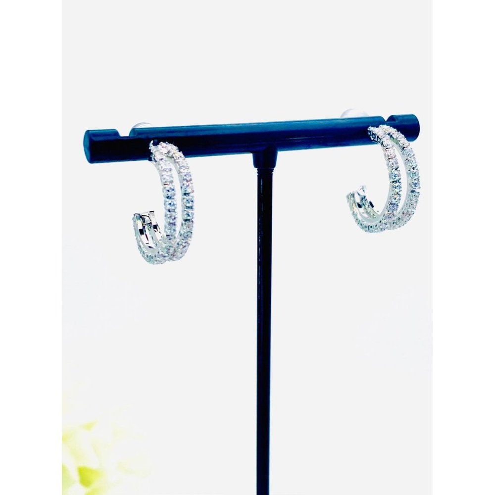 Cubic zircon pave double huggie hoops - silver